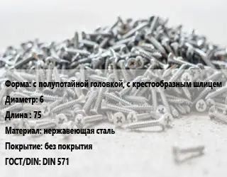 Шуруп с полупотайной головкой, с крестообразным шлицем 6х75 нержавеющая сталь без покрытия ГОСТ: DIN 571